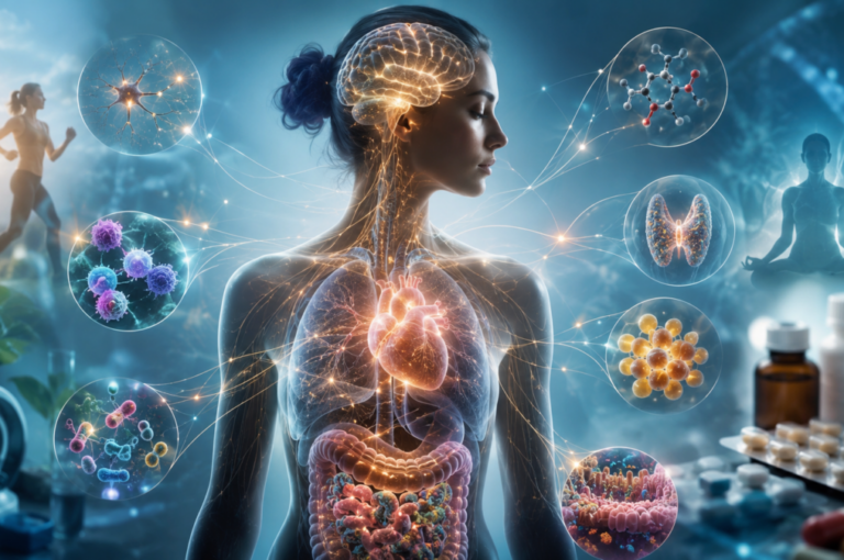 Human body with interconnected brain, nervous system, immune system, endocrine system, metabolism and gut microbiota.