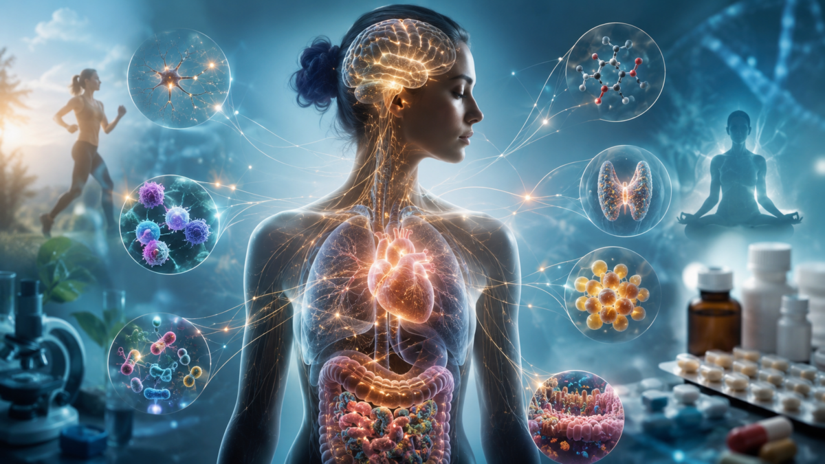 Human body with interconnected brain, nervous system, immune system, endocrine system, metabolism and gut microbiota.